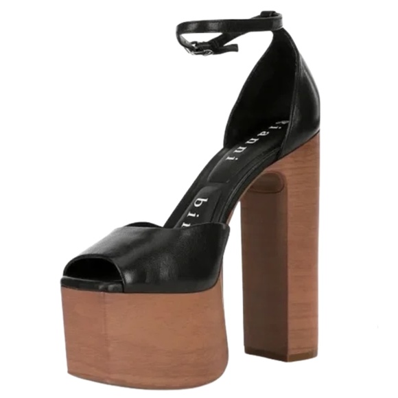 NEW Gianni Bini Fenix Leather Peep Toe Woodgrain Platform Pumps in Black - Picture 2 of 3